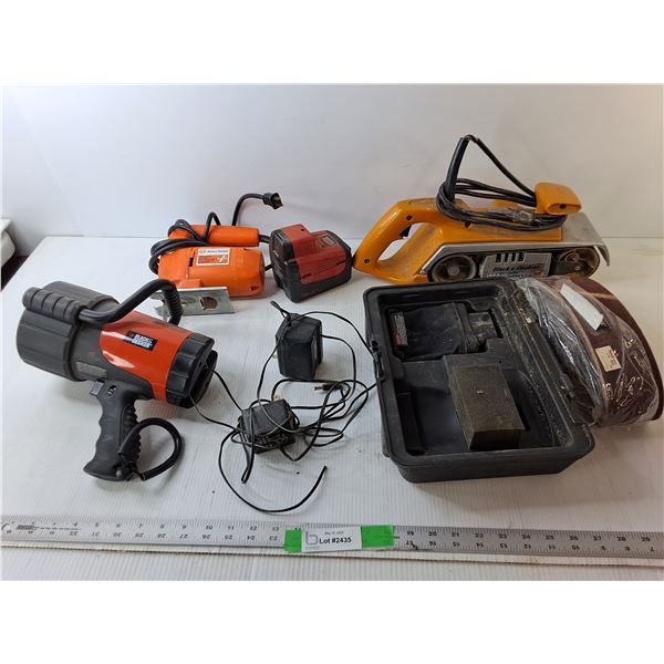 Black & Decker Sander & Jigsaw- Both Power On, Flashlight, Sanding Belt, Misc.