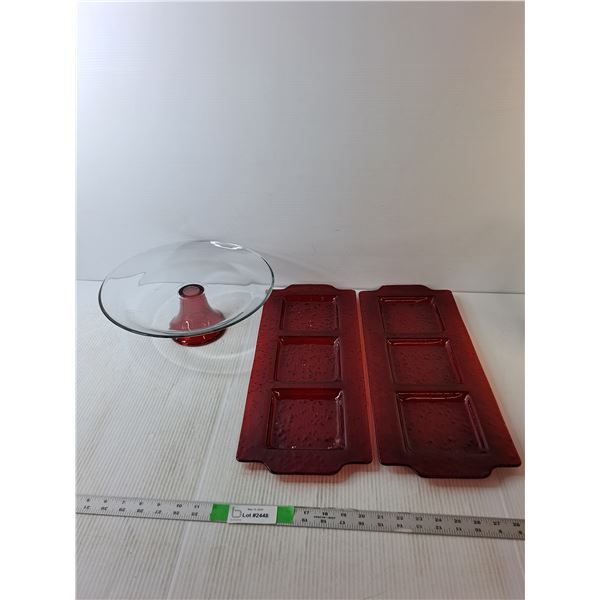 Footed Glass Cake Stand & (2) Trays