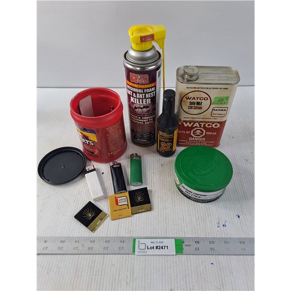 Ant Killer, Watco Wax, Polishing Compound, Gas Line Antifreeze and Lighters, Matches