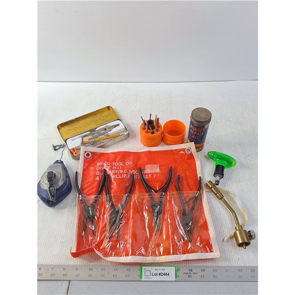 Snap Ring Plier Set, Rubber Repair Kit, Chalk Line, Torch Head and Small Screwdriver Set