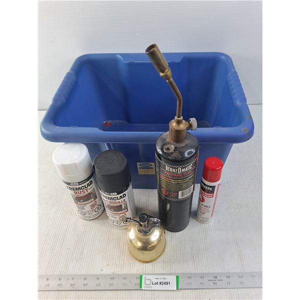 Tuperware Tub with Paint, Propane and Butane