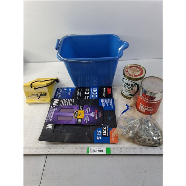 Bucket with RV Chock, Sandpaper, (2) Full Oil Cans and Nuts/Bolts