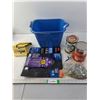 Image 1 : Bucket with RV Chock, Sandpaper, (2) Full Oil Cans and Nuts/Bolts