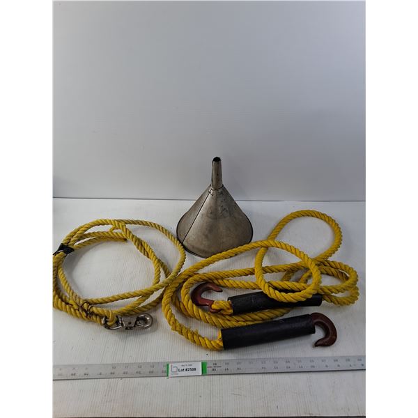 Approx 13' of 1/"Rope, Chunk of 3/8" Rope with hook and Metal Funnel