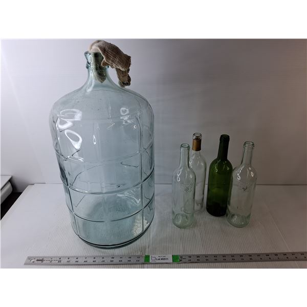 *Glass Lot- (4) Wine Bottles & Jug 22" Tall