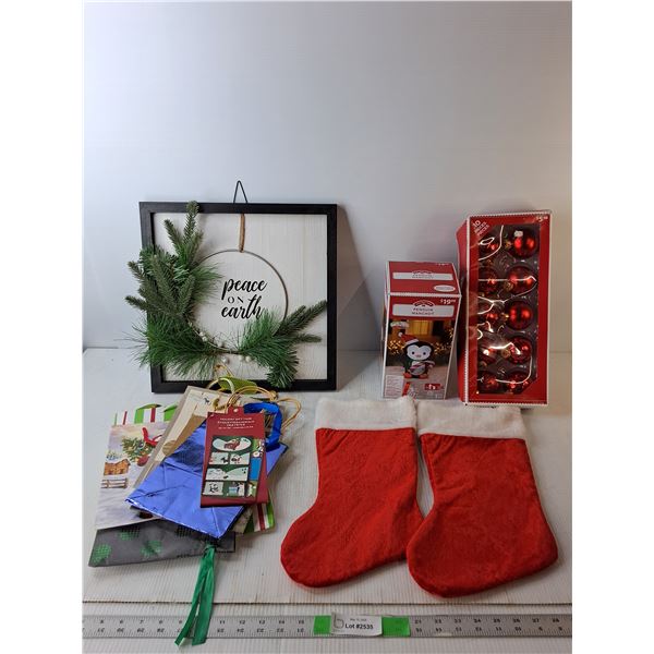 Christmas Lot- Inflatable Penguin- Powers On, Tree Ornaments, Stockings, Misc.