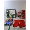 Image 1 : Christmas Lot- Inflatable Penguin- Powers On, Tree Ornaments, Stockings, Misc.