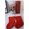 Image 2 : Christmas Lot- Inflatable Penguin- Powers On, Tree Ornaments, Stockings, Misc.