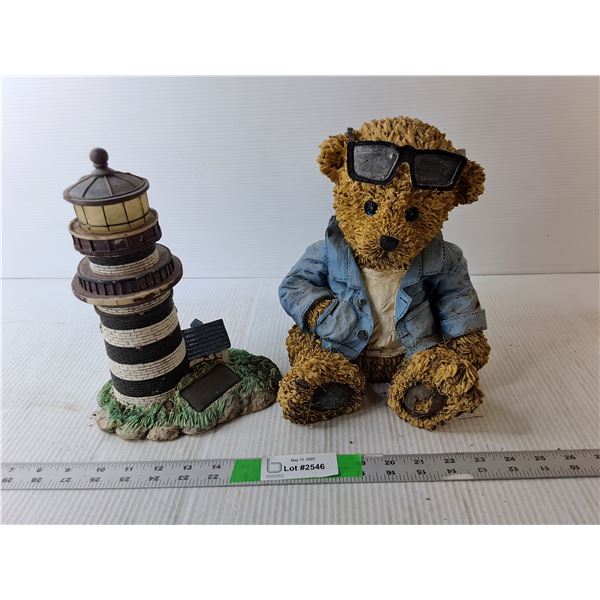 (2) Ceramic Figurines- Teddy Bear and Solar Lamp Light house Up to 10" Tall