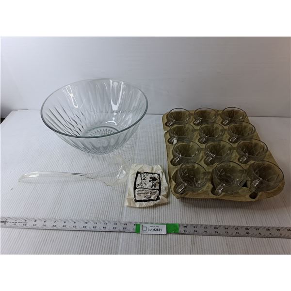 Punch Set- 13" Glass Bowl, (12) Glasses, Plastic Spoon and Hooks