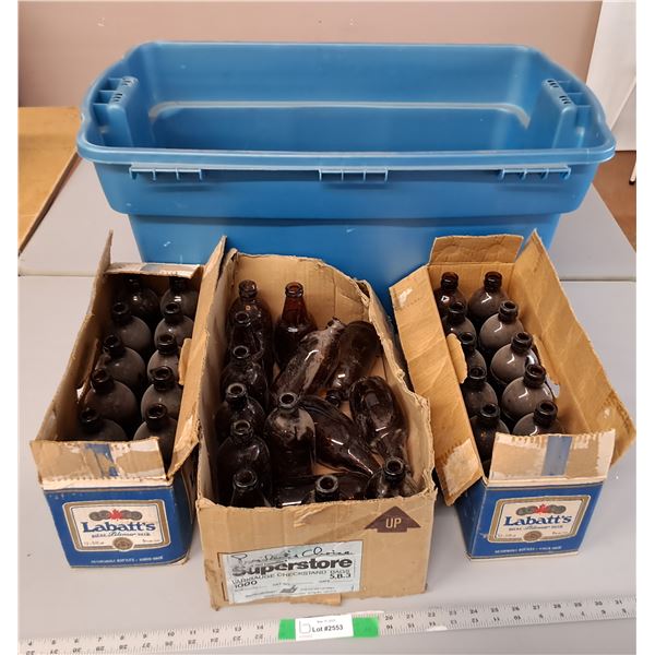 *Lot of Vintage Brown Glass Bottes & Blue Storage Tote- No Lid, Cannot Ship