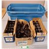 Image 1 : *Lot of Vintage Brown Glass Bottes & Blue Storage Tote- No Lid, Cannot Ship