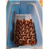 Image 2 : *Lot of Vintage Brown Glass Bottes & Blue Storage Tote- No Lid, Cannot Ship