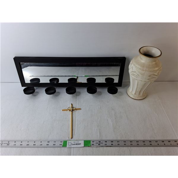 Home Decor- Tealight Holder/Mirror, Ceramic Vase 10" Tall, Metal Cross
