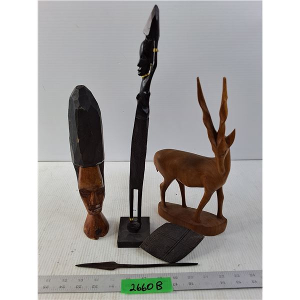 (3) "African Themed" Wooden Statues & Accessories - Tallest 15.5"