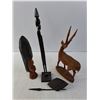 Image 2 : (3) "African Themed" Wooden Statues & Accessories - Tallest 15.5"