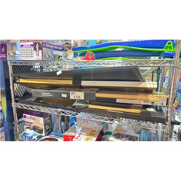 MAINSTAYS FLOATING SHELF, POSTER FRAME, ASSORTED PICTURE FRAMES & A FLOOR MIRROR