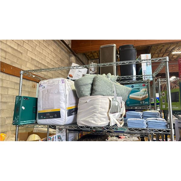 MAINSTAYS KING SIZE DOWN ALTERNATIVE DUVET, CHAPS BLUE 4 PC WASH SETS, GREY THROW BLANKET, GREEN