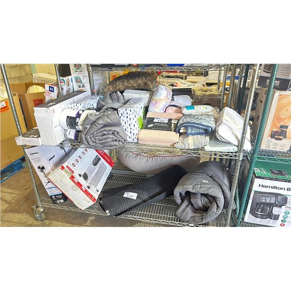 ASSORTED SHEET SETS, THROW BLANKETS, BED SKIRTS, TOWELS, MATTRESS PROTECTORS, WAFFLE BLANKET, POLE