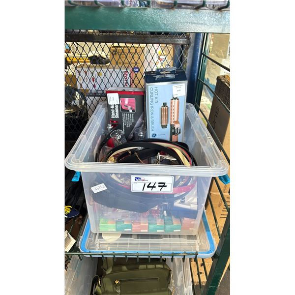 30L BIN WITH LID OF ASSORTED BELTS, WOMENS BODY SPRAYS, CHI HANDHELD GARMENT STEAMER, EARRINGS,