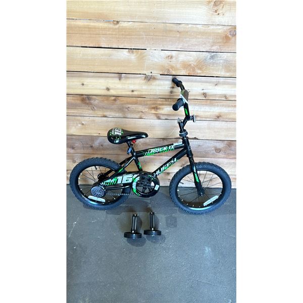 HUFFY ROCK IT 16 KIDS BIKE WITH TRAINING WHEELS (HARDWARE NEEDS TIGHTENING)