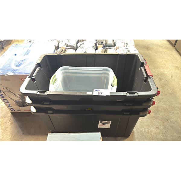 3 STERILITE 151L PORTABLE STORAGE TOTES & 3 CLEAR PLASTIC TOTES (NO LIDS)
