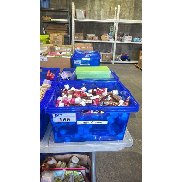 2 BINS OF ASSORTED COSMETICS INCLUDING AVON HAND CREAM, ANEW FACE CREAMS, AVON/ODYSSEY PERFUME,