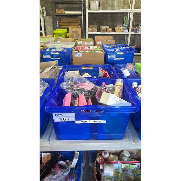2 BINS OF ASSORTED COSMETICS INCLUDING MARK GIFT SETS, SHOWER GEL, BODY BUTTER, MASCARA, PERFUME,