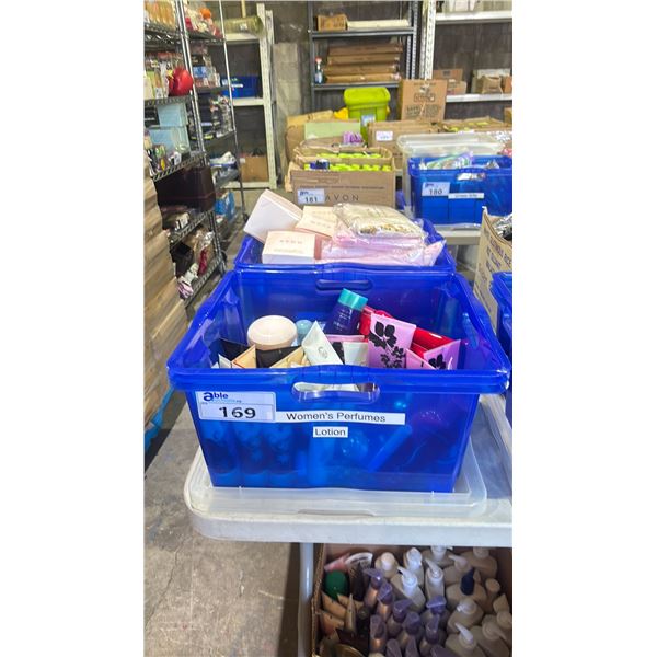 2 BINS OF ASSORTED AVON COSMETICS INCLUDING BODY LOTION, PERFUME, COSMETIC POUCHES, SCARVES, CANDLE
