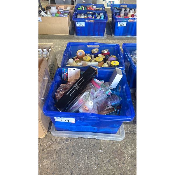 2 BINS OF ASSORTED COSMETICS INCLUDING RAZORS, HEADBANDS, LIP GLOSS, EYE SHADOW, SHOWER GEL & MORE