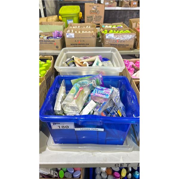 2 BINS OF ASSORTED RAZORS, SOAP, BODY LOTION, BODY WASH, BODY OIL & MORE