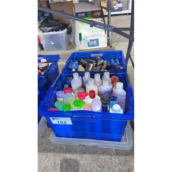 2 BINS OF ASSORTED BUBBLEBATH, BODY LOTION, AFTERSHAVE CONDITIONER & MORE