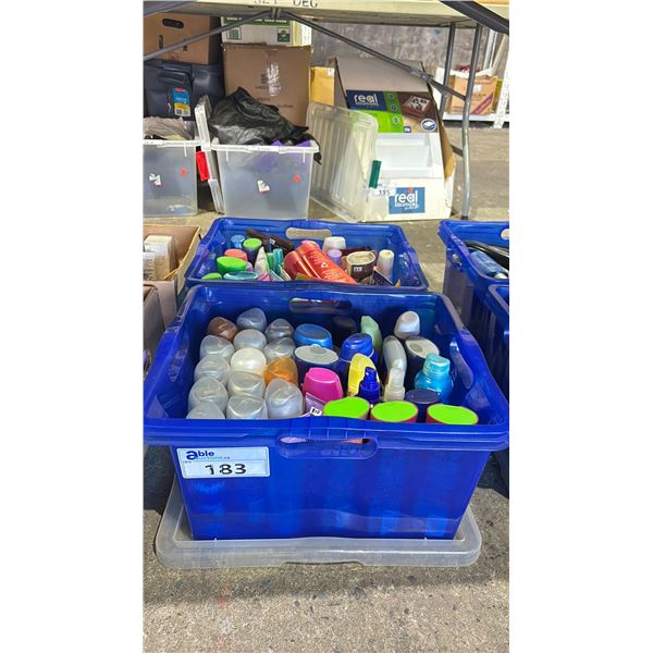 2 BINS OF ASSORTED SHAMPOO, CONDITIONER, SHAVING CREAM, BODY SPRAY & MORE