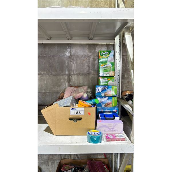 ZIPLOC BAGS, SWIFFER REFILLS, CANDLE SET, GLADE WAX & WARMER, BOX OF BODY BUTTER, LOTIONS,