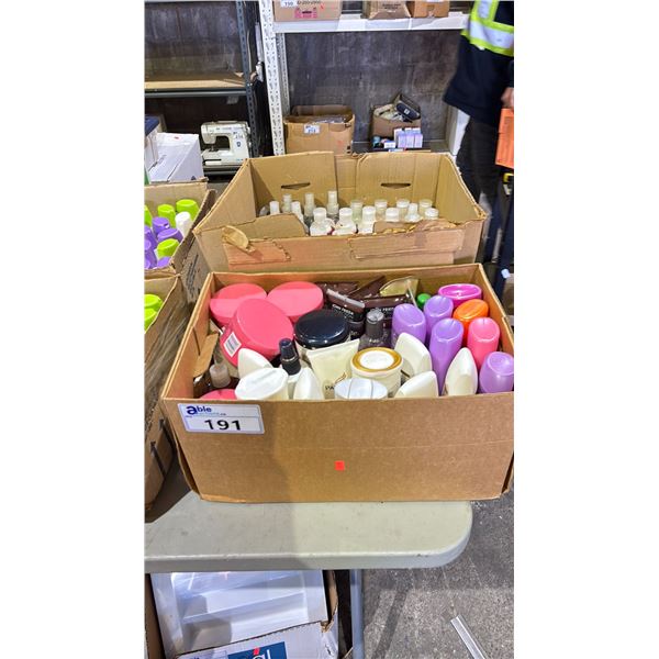 2 BOXES OF ASSORTED SHAMPOO, CONDITIONER, BODY LOTION, BODY SPRAY & SHOWER GEL