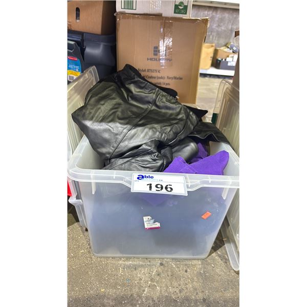 BIN OF VARIOUS STYLES & SIZES OF WOMENS CLOTHES, MOST L-XL