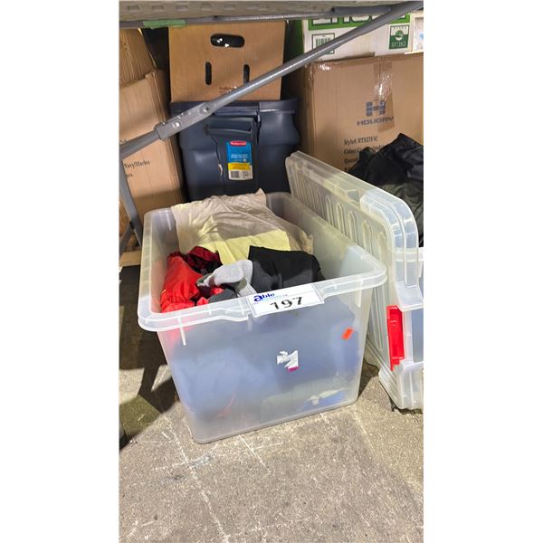 BIN OF VARIOUS STYLES & SIZES OF WOMENS CLOTHES, MOST L-XL
