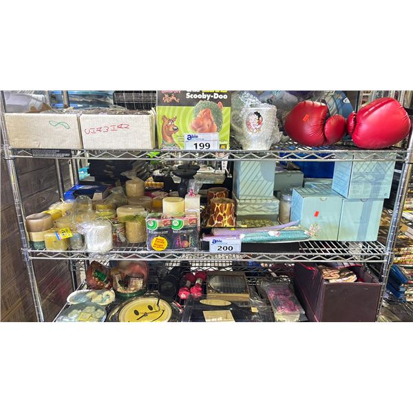 SHELF OF ASSORTED STYLES OF CANDLES, CANDLE HOLDERS & PARTYLITE CANDLES