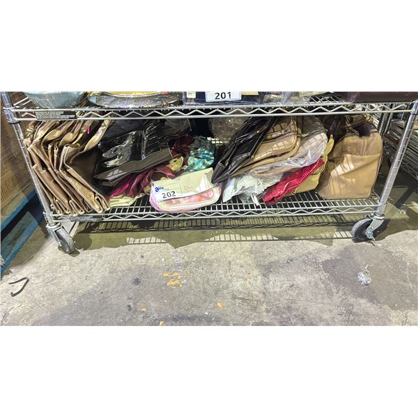 SHELF OF ASSORTED PURSES & COSMETIC BAGS