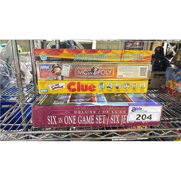 4- BOARD GAMES INCLUDING THE SIMPSONS CLUE, MONOPOLY ELECTRONIC BANKING, BACKGAMMON & SIX IN ONE