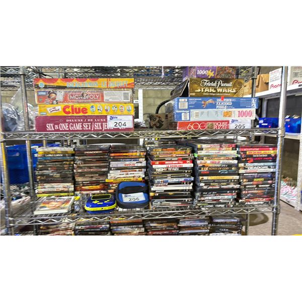 SHELF OF ASSORTED DVDS, HELLS KITCHEN WII GAME & PORTABLE CD/DVD PLAYER