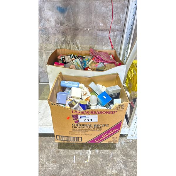 2 BOXES OF ASSORTED COSMETIC ITEMS INCLUDING SELF TANNING LOTION, DEODORANT, FAKE NAILS, TWEEZERS,