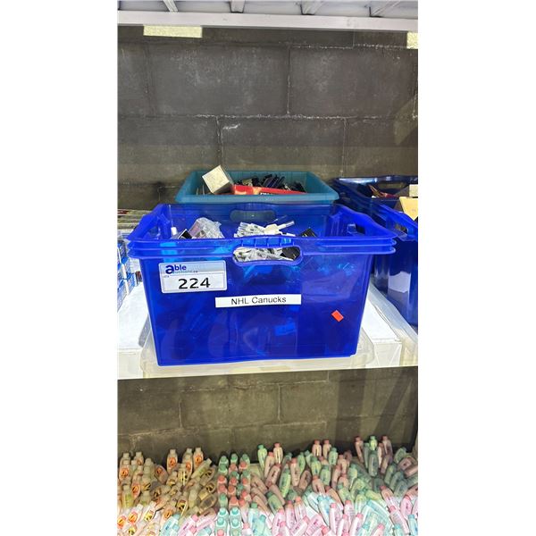 2 BINS OF MAKEUP, TOOTHBRUSHES & TOOTHPASTE