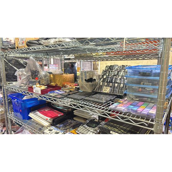 SHELF OF ASSORTED MAKEUP, NAIL SETS, EYELASHES, COMBS & FRAGRANCE OIL