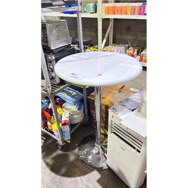 WHITE PLASTIC ADJUSTABLE ROUND SIDE TABLE WITH CHROME BASE