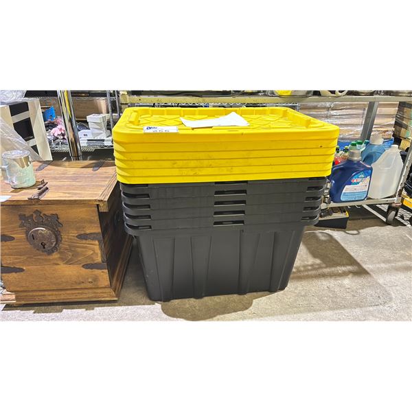 6 HEAVY DUTY PLASTIC TOTES WITH LIDS