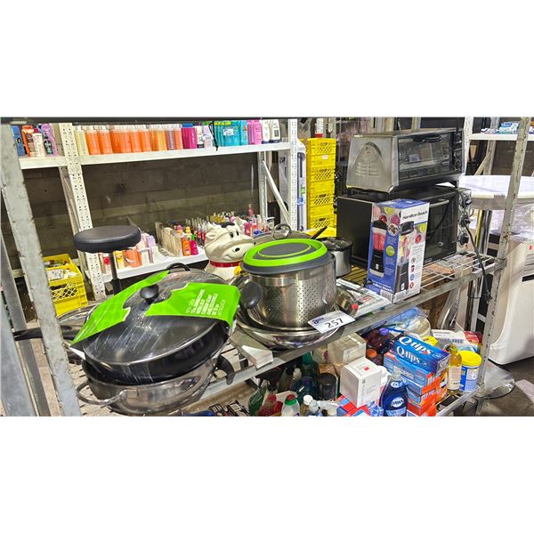 SHELF OF COOKING POTS/PANS, COLANDERS, TOASTER OVENS, INDIVIDUAL BLENDER, COOKIE JAR & MORE