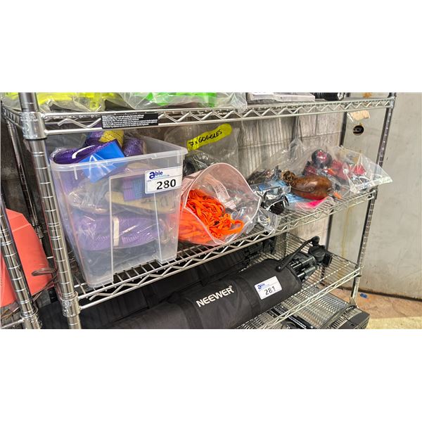 SHELF OF SLINGS, STRAPS, SUNGLASSES, GOGGLES, LANYARDS, BRACELETS, & MORE