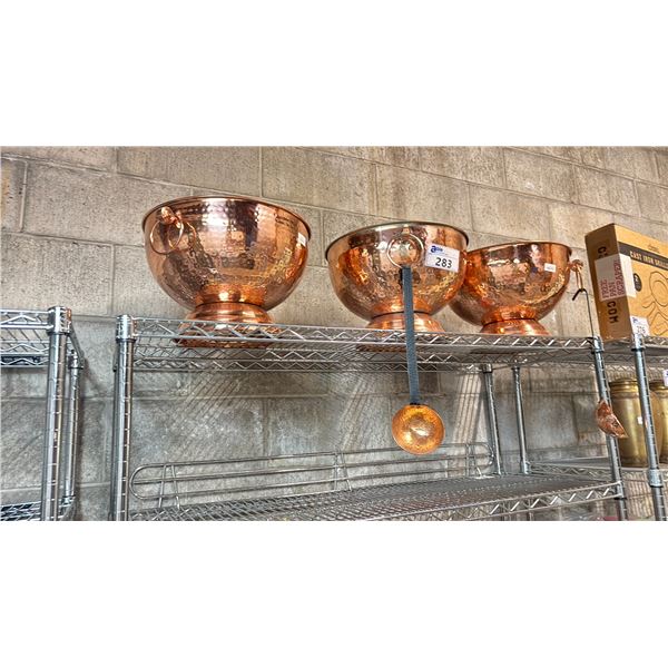 3- HAMMERED WALL COPPER PUNCH BOWLS WITH 2 SERVING SPOONS
