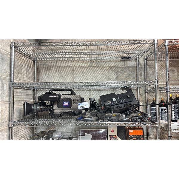 SHELF OF MOVIE PROPS, COMPUTER JOYSTICKS, BARDI CONFERENCE SYSTEM & MORE